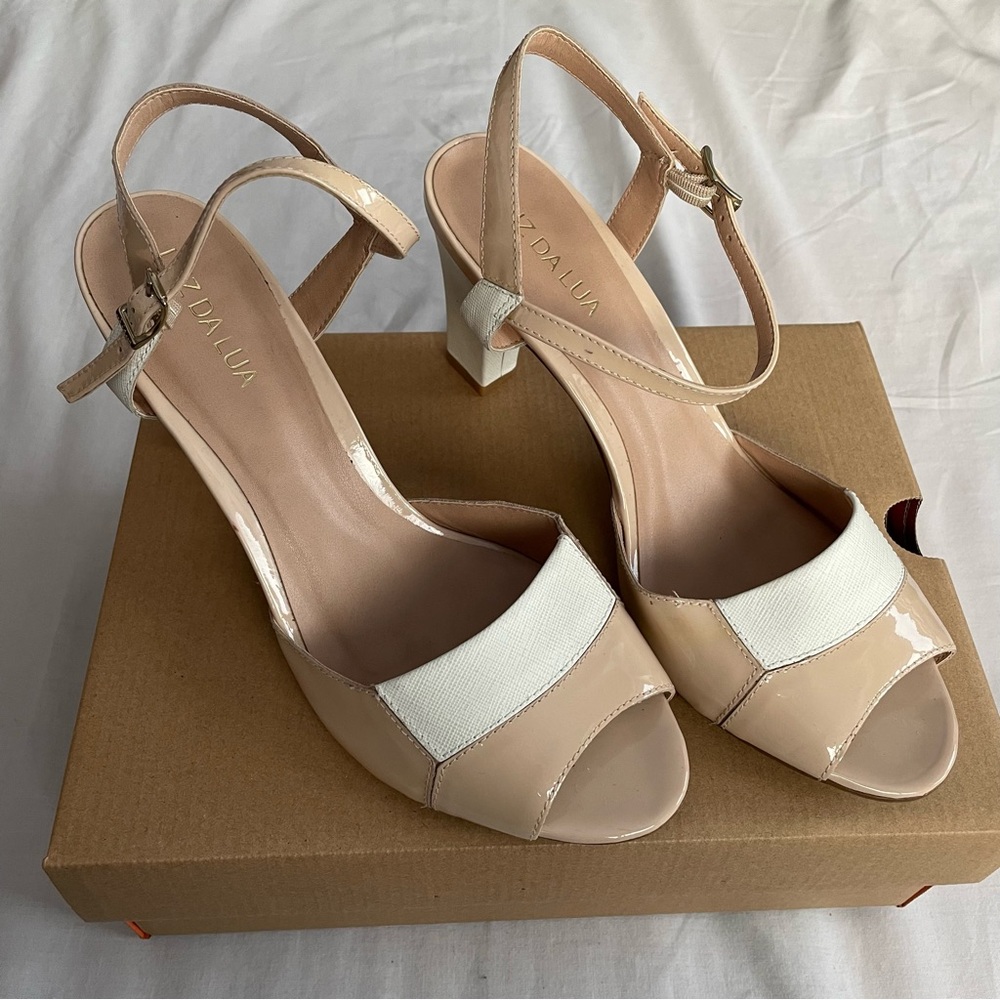 Luz da Lua | nude and cream heeled sandals, US 10